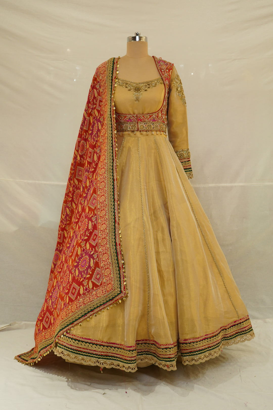 Golden Beige Anarkali Gown with Heritage Printed Dupatta