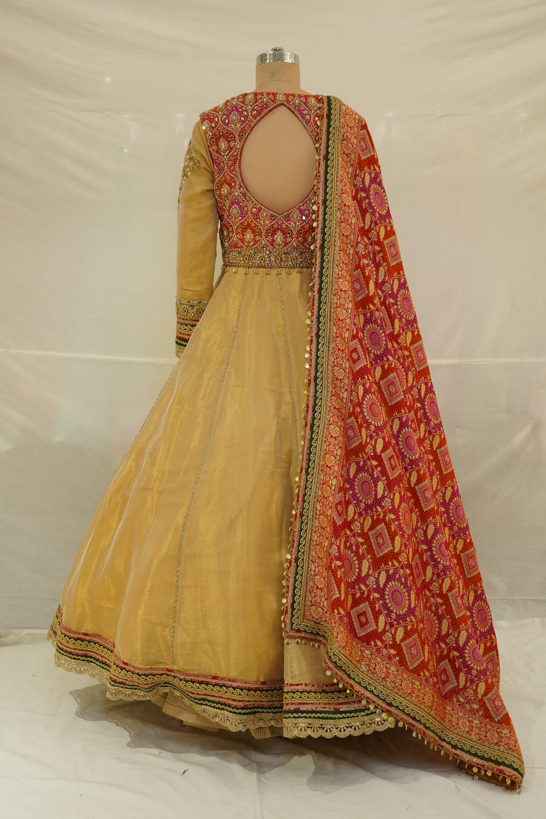 Golden Beige Anarkali Gown with Heritage Printed Dupatta