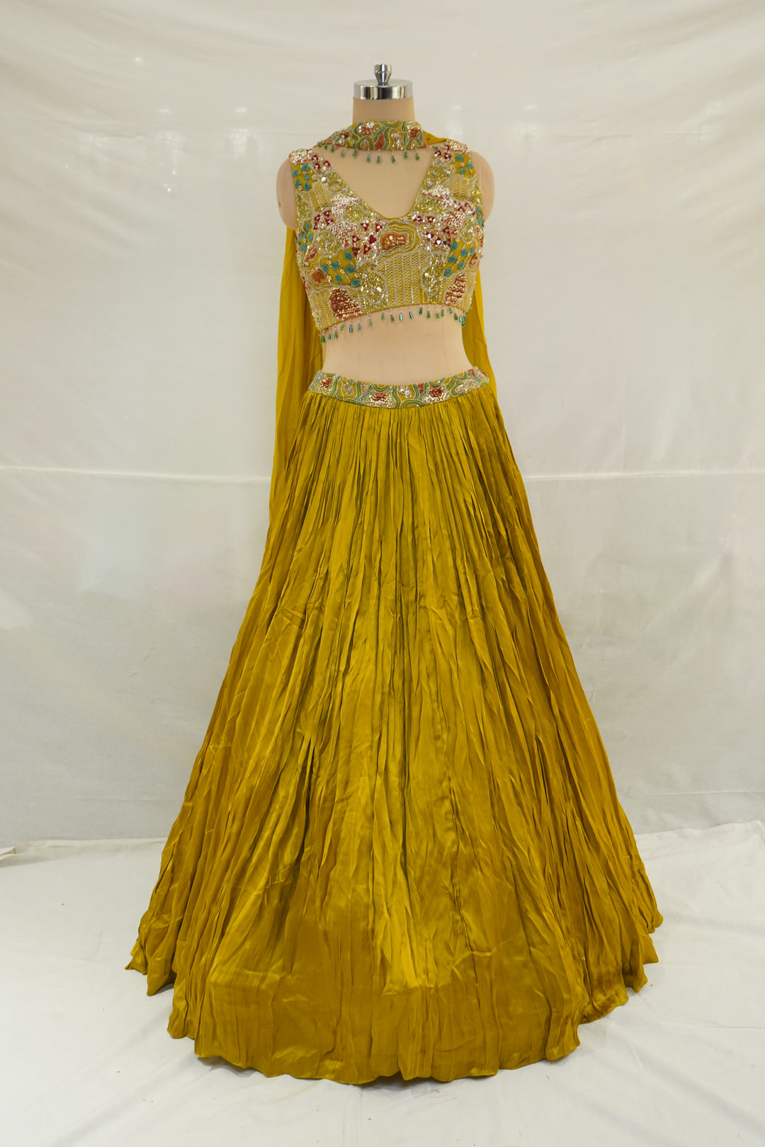 Mustard Yellow Embroidered Lehenga Set with Cape Sleeves & Choker Detail