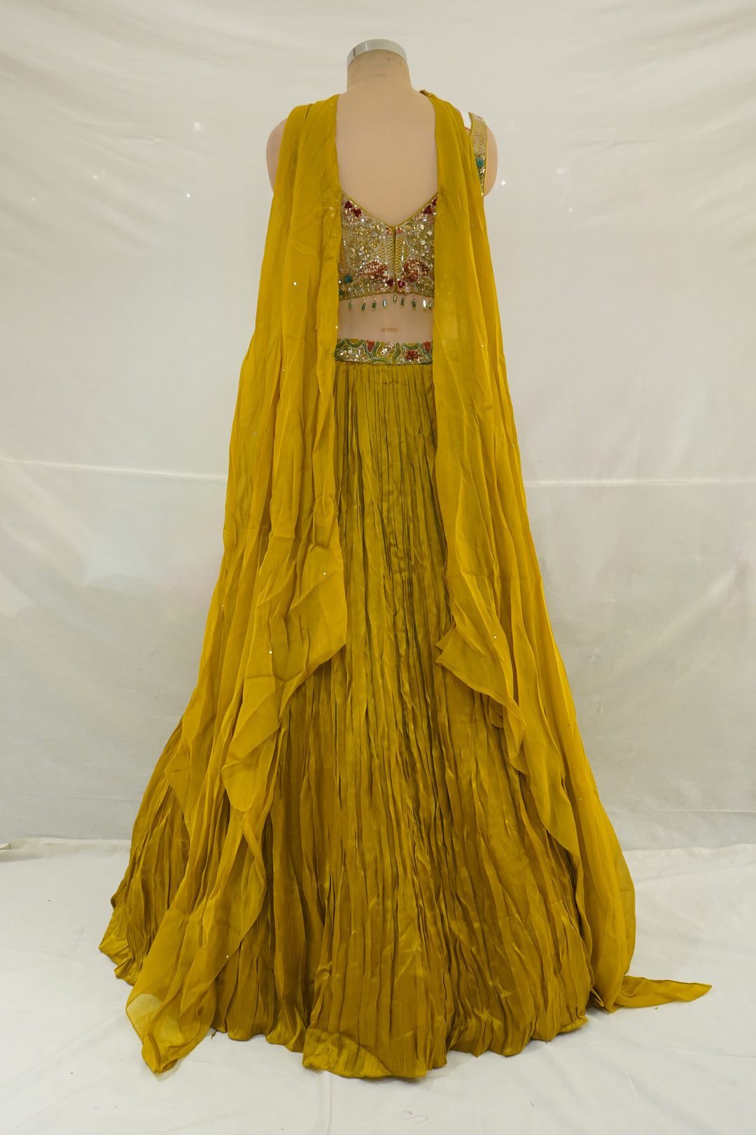 Mustard Yellow Embroidered Lehenga Set with Cape Sleeves & Choker Detail