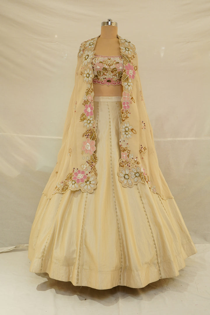 Ivory Floral Embroidered Lehenga Set with Statement Dupatta