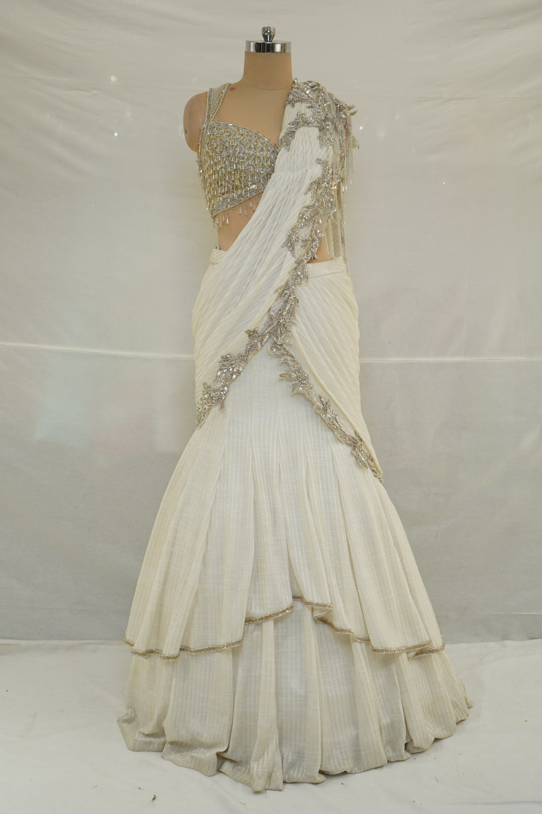 Ivory Crystal Embellished Ready-to-Wear Saree Set