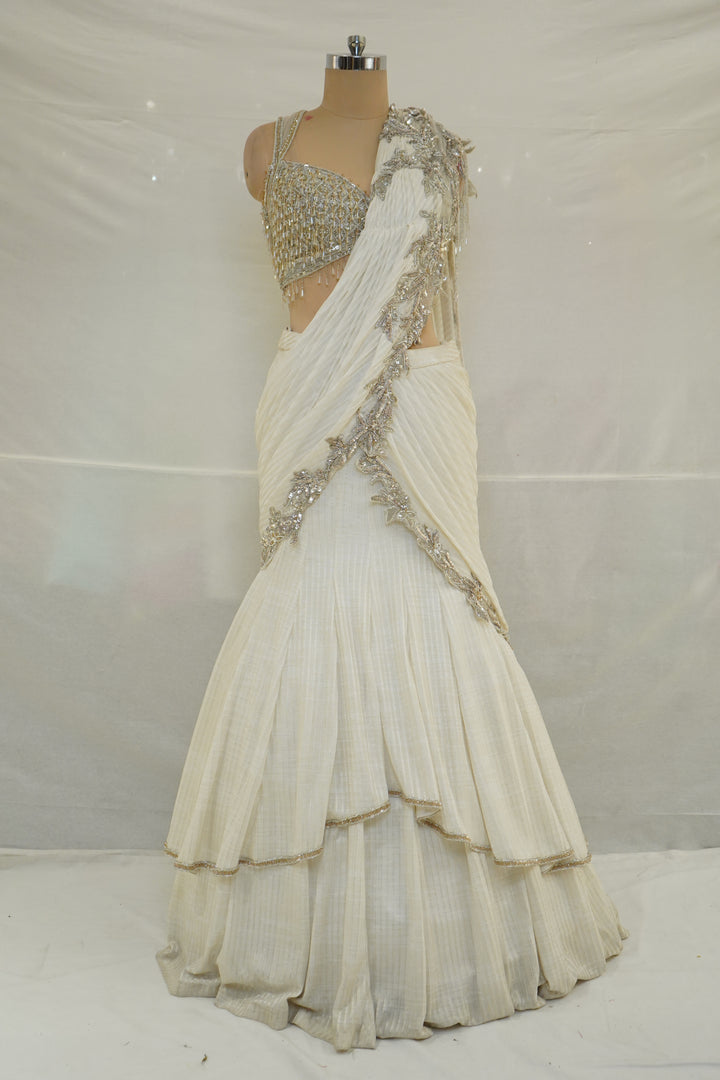 Ivory Crystal Embellished Ready-to-Wear Saree Set