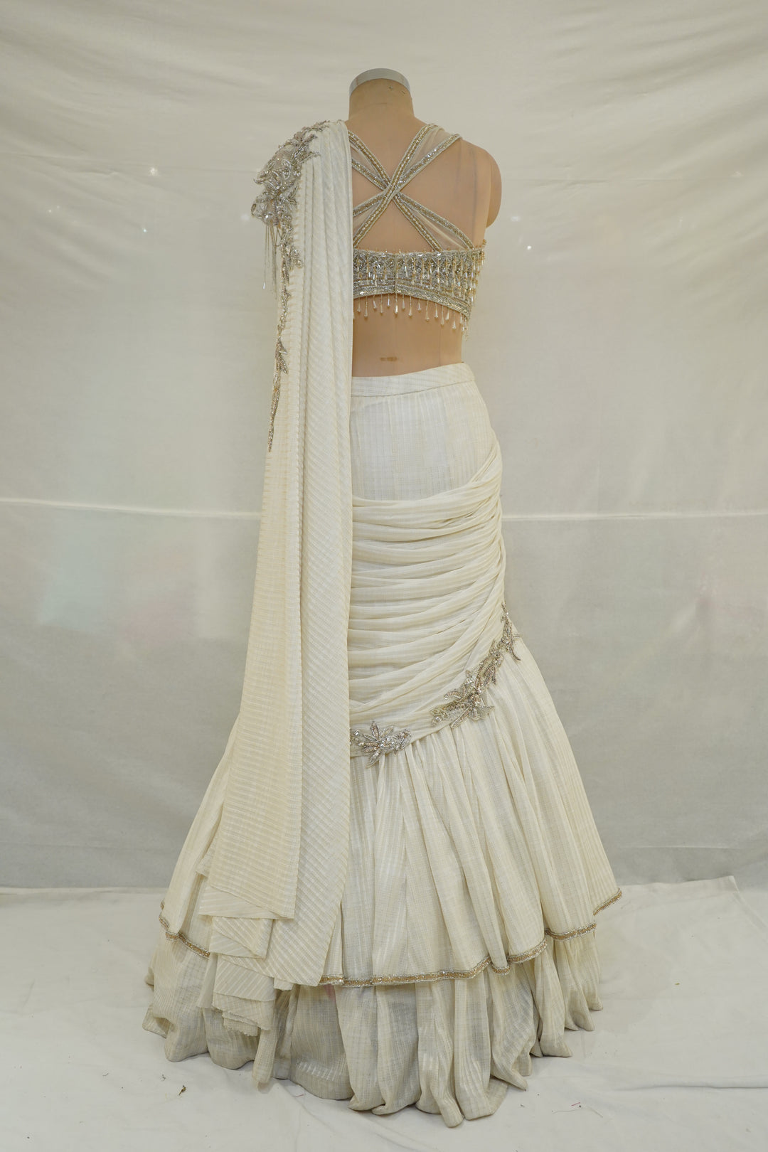 Ivory Crystal Embellished Ready-to-Wear Saree Set