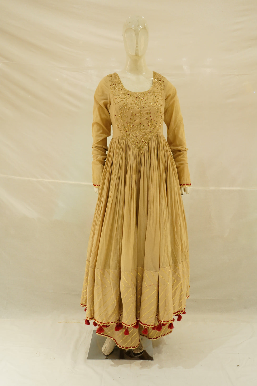 Beige Embroidered Anarkali Suit Set with Tassel Dupatta
