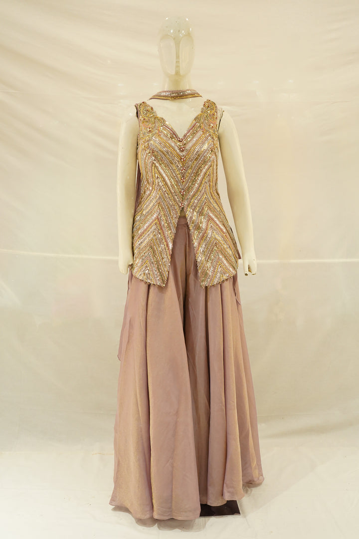 Dusty Rose Embellished Sharara Set with Embroidered Jacket