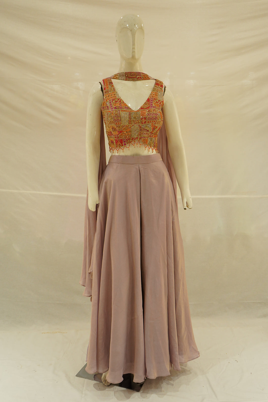 Mauve Palazzo Set with Multicolour Embroidered Blouse & Cape Dupatta