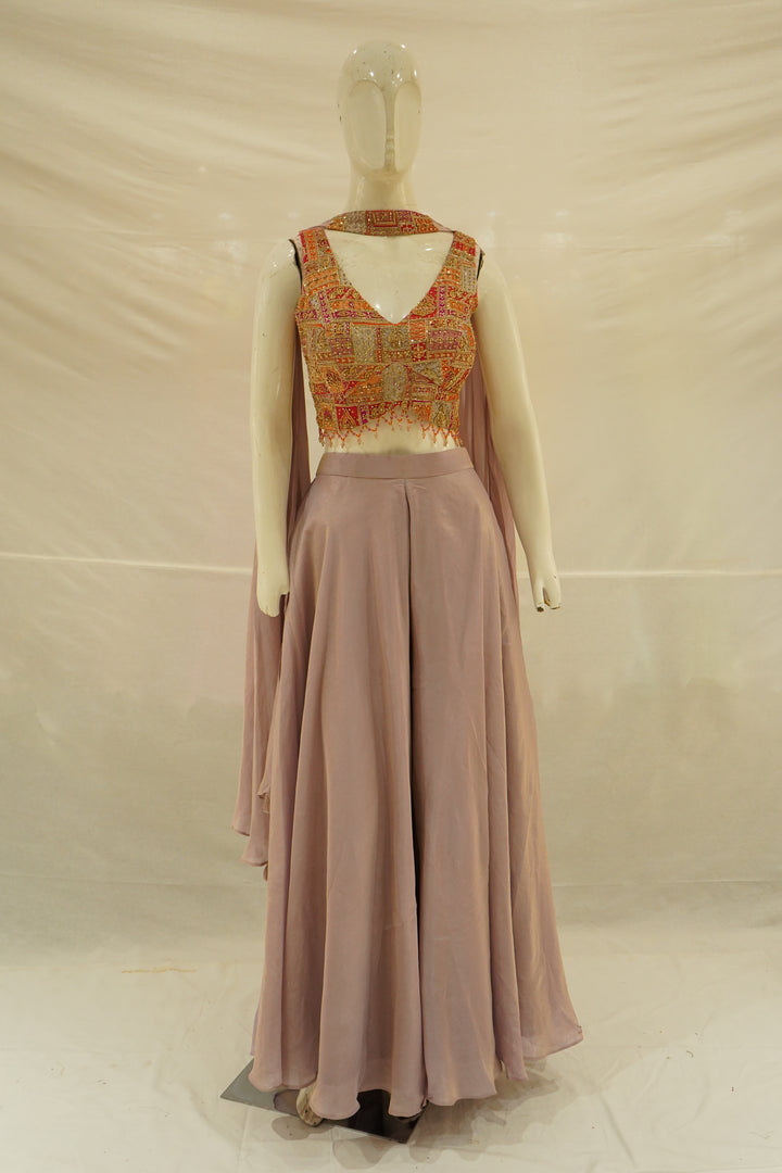 Mauve Palazzo Set with Multicolour Embroidered Blouse & Cape Dupatta