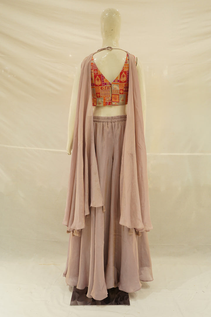 Mauve Palazzo Set with Multicolour Embroidered Blouse & Cape Dupatta