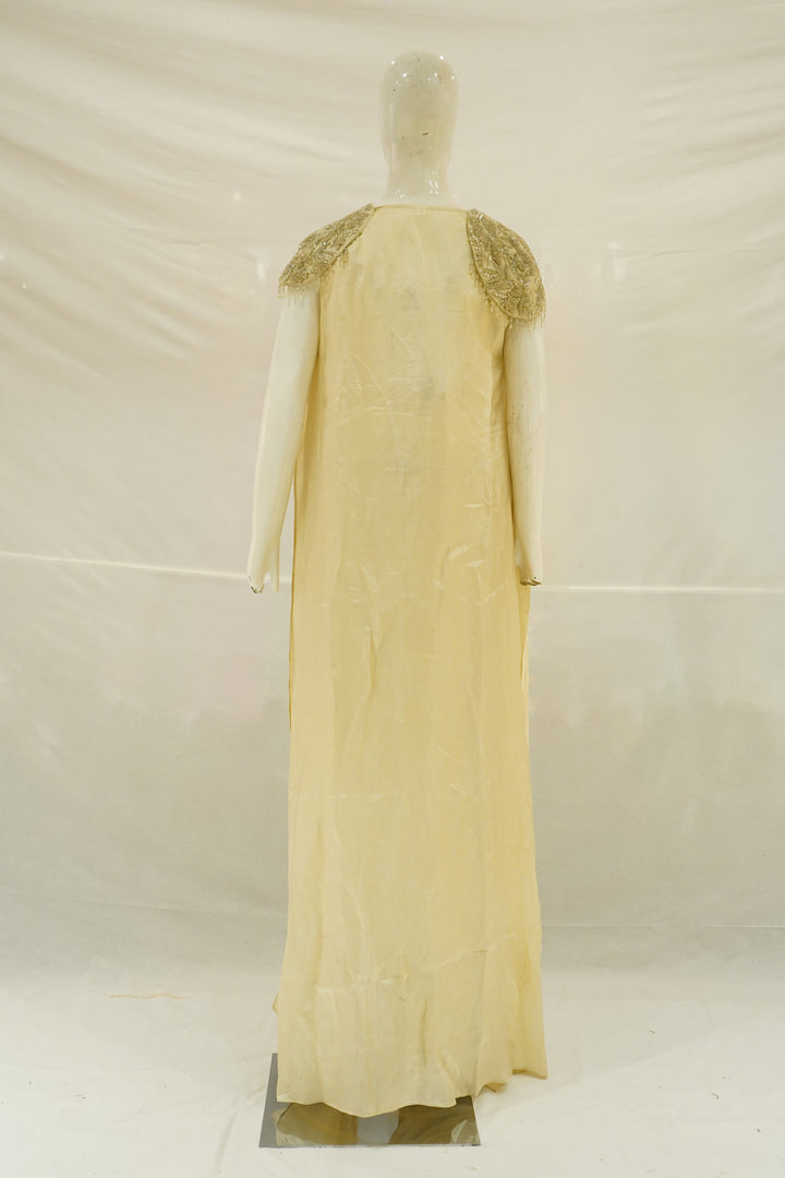 Champagne Gold Draped Saree Gown with Embellished Cape Jacket