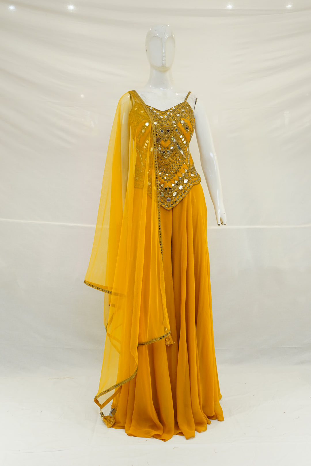Mustard Yellow Mirror Work Palazzo Set with Draped Dupatta