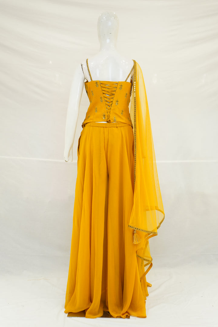 Mustard Yellow Mirror Work Palazzo Set with Draped Dupatta