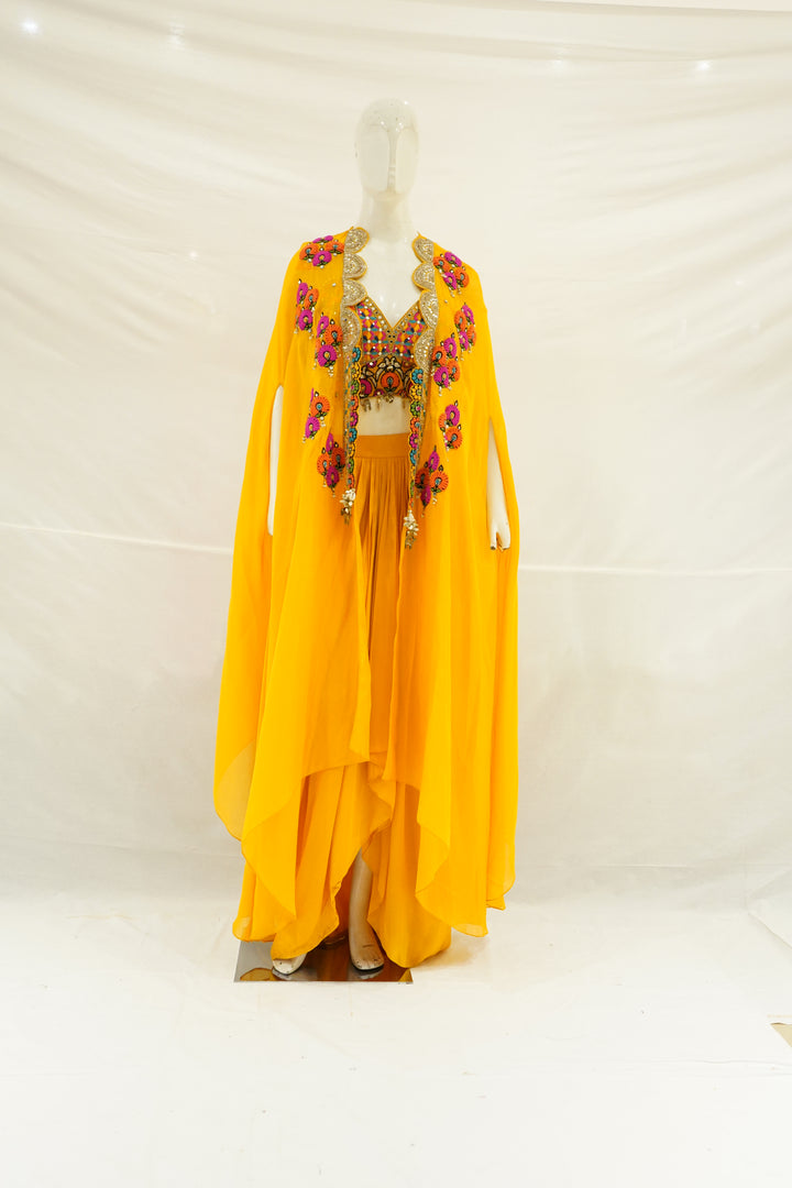 Sunshine Yellow Cape Palazzo Set with Multicolour Embroidered Blouse