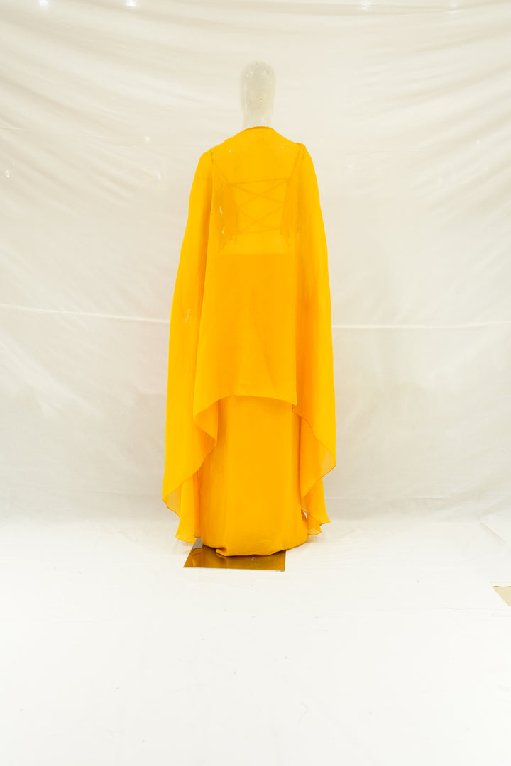 Sunshine Yellow Cape Palazzo Set with Multicolour Embroidered Blouse
