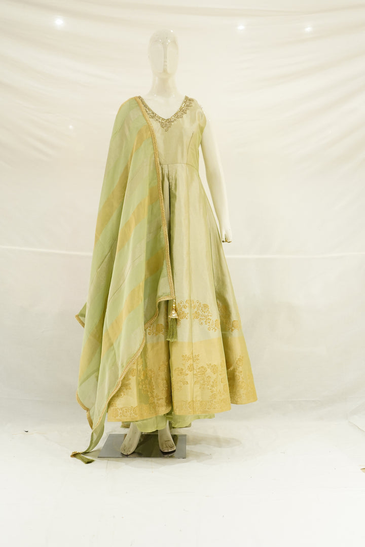 Pastel Pistachio Green Anarkali Set with Woven Dupatta