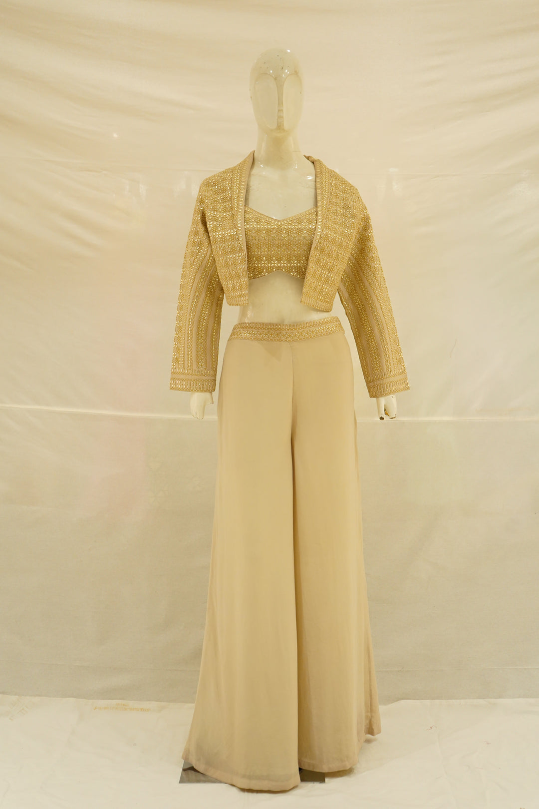 Champagne Gold Embellished Crop Top with Jacket & Palazzo Set