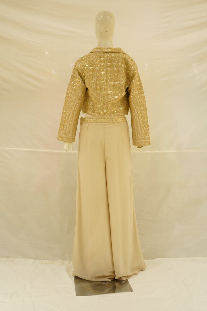 Champagne Gold Embellished Crop Top with Jacket & Palazzo Set