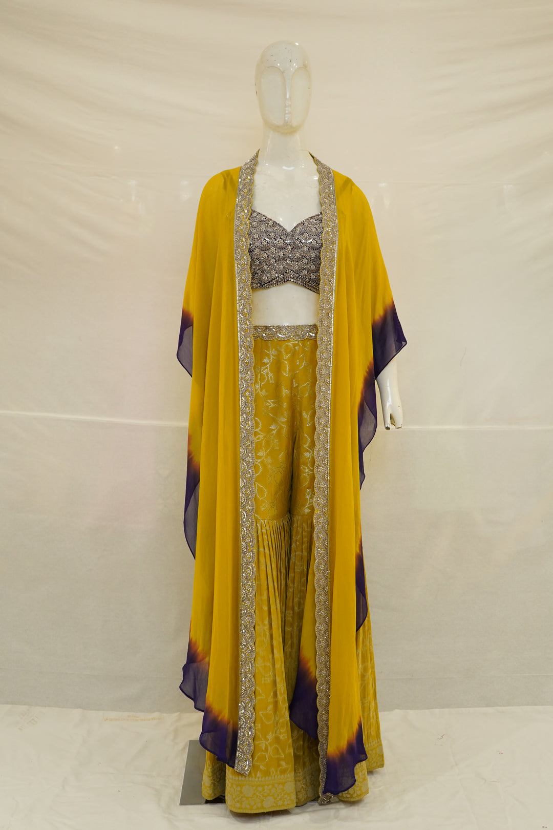 Mustard Yellow Printed Sharara Set with Embellished Cape Dupatta