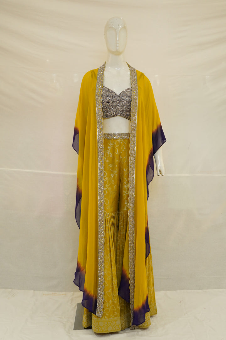 Mustard Yellow Printed Sharara Set with Embellished Cape Dupatta