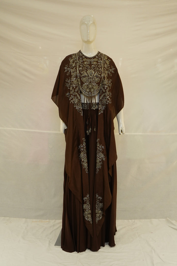 Espresso Brown Embellished Cape Sharara Set