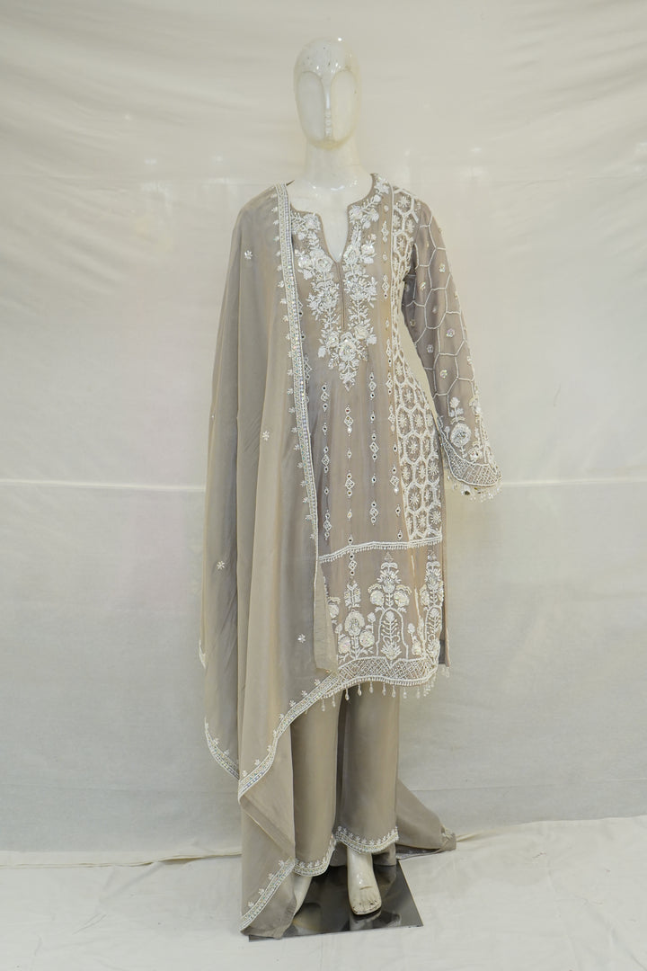 Dusty Grey Embroidered Kurta Palazzo Set with Dupatta