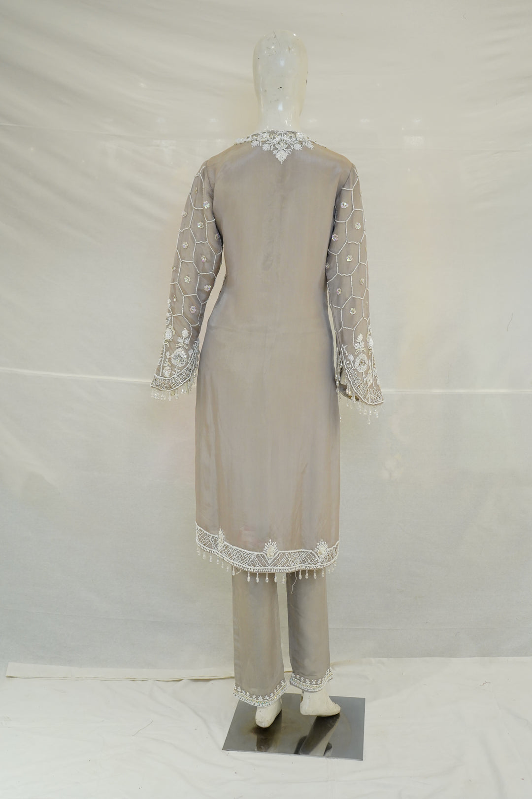 Dusty Grey Embroidered Kurta Palazzo Set with Dupatta
