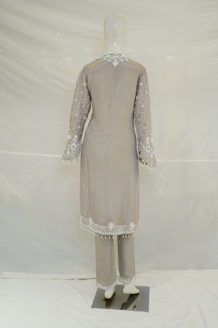 Dusty Grey Embroidered Kurta Palazzo Set with Dupatta