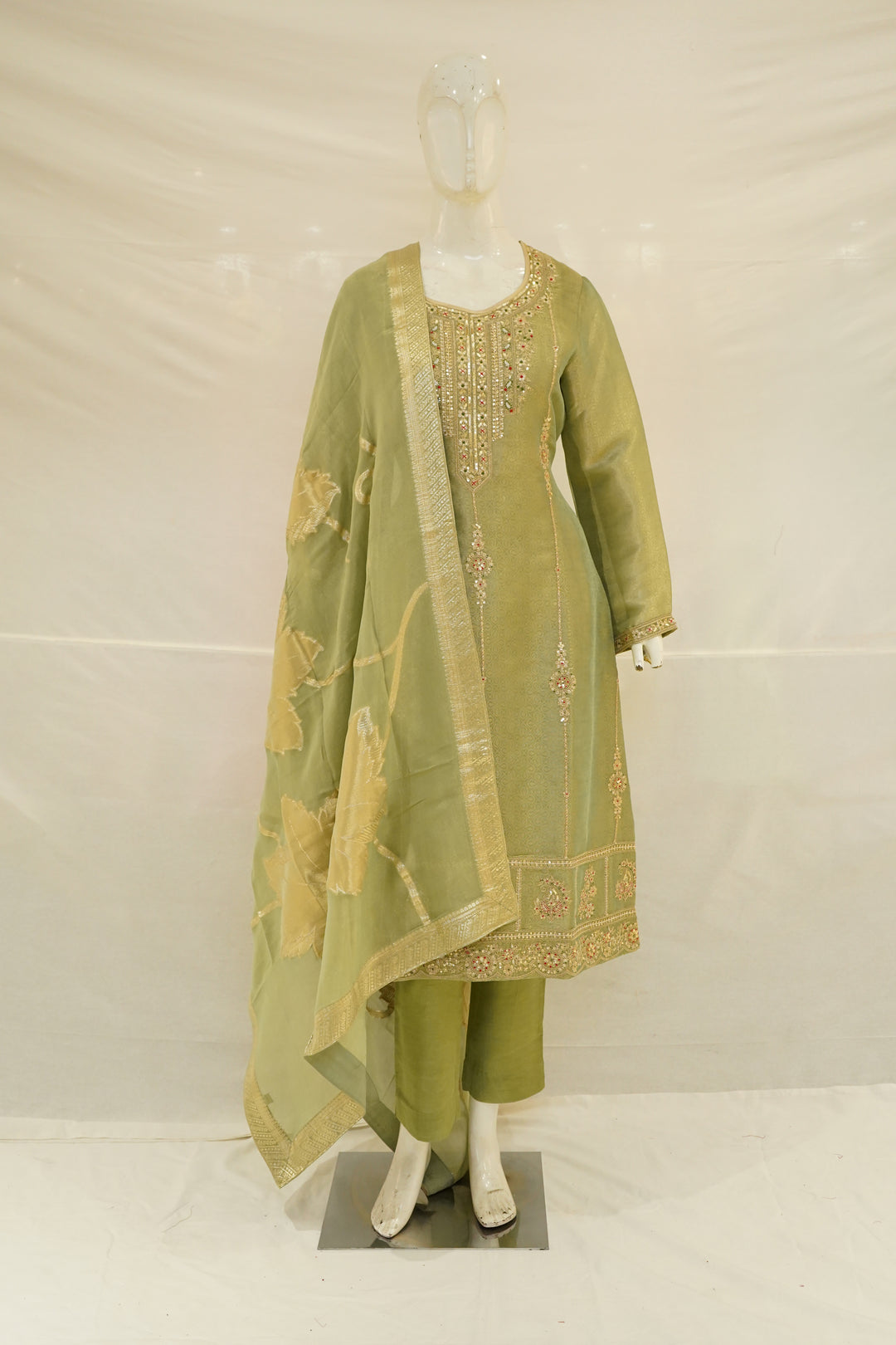 Sage Green Embroidered Straight Kurta Set with Dupatta