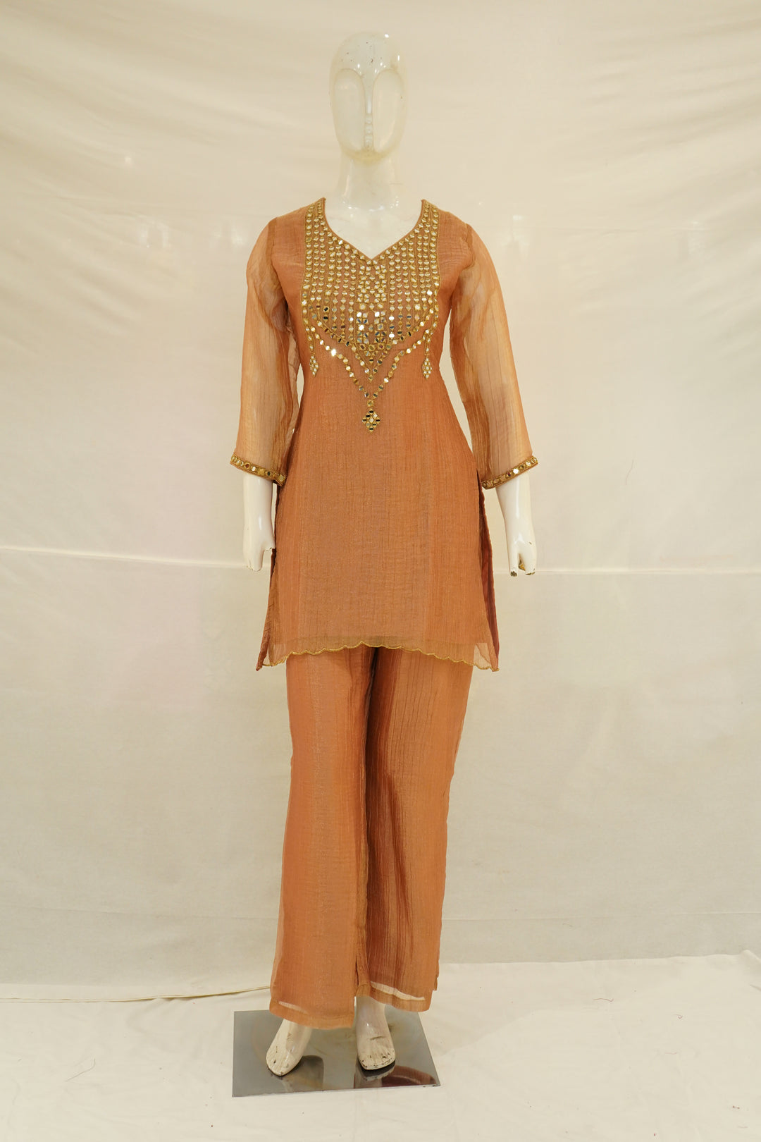 Rust Orange Mirror Work Kurta Palazzo Set