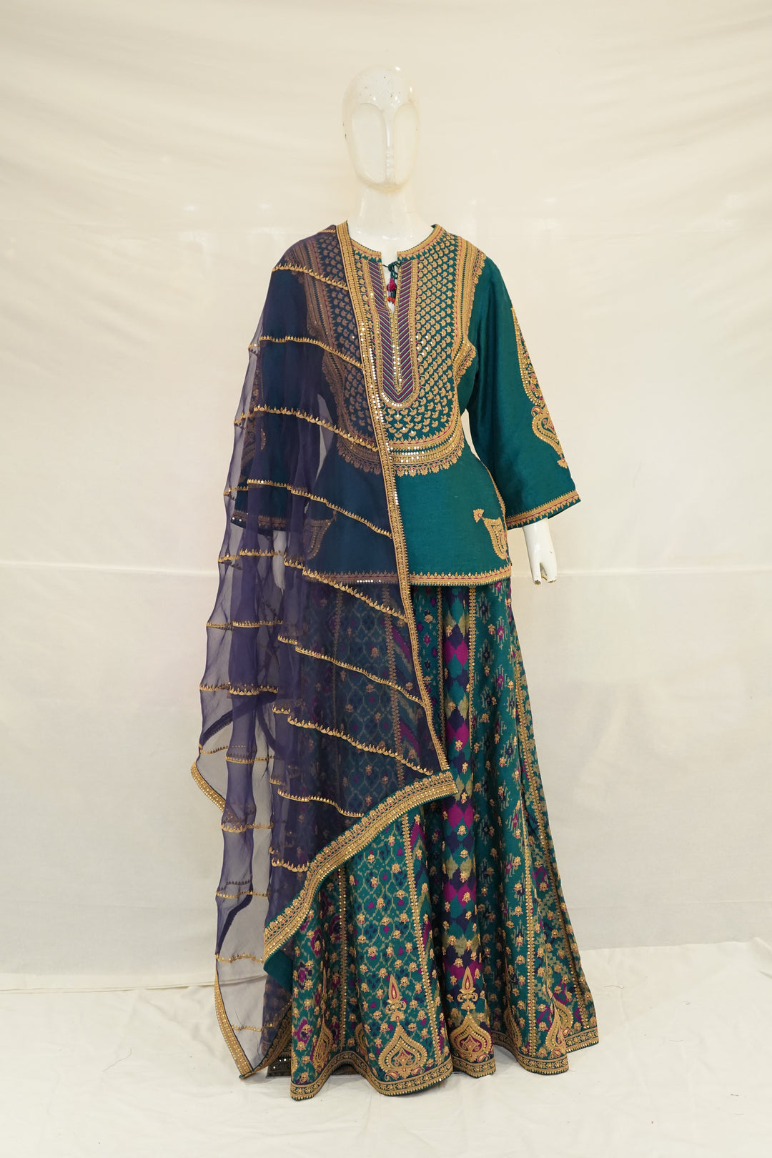 Teal Blue Indo-Western Sharara Set with Embroidered Kurti & Organza Dupatta