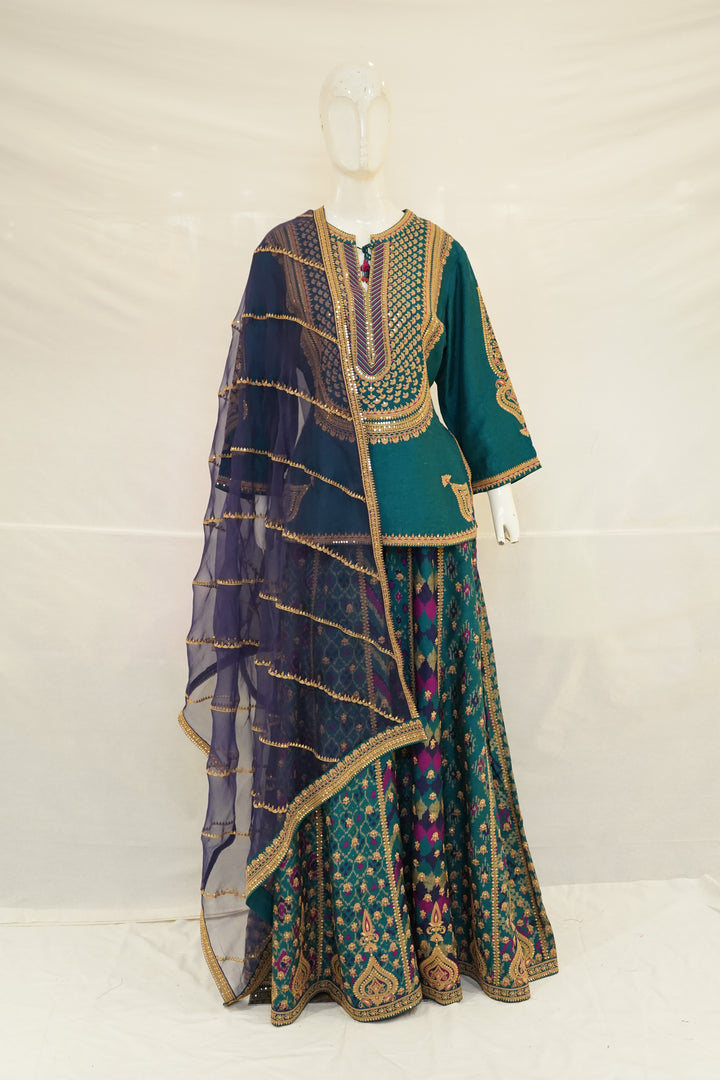 Teal Blue Indo-Western Sharara Set with Embroidered Kurti & Organza Dupatta