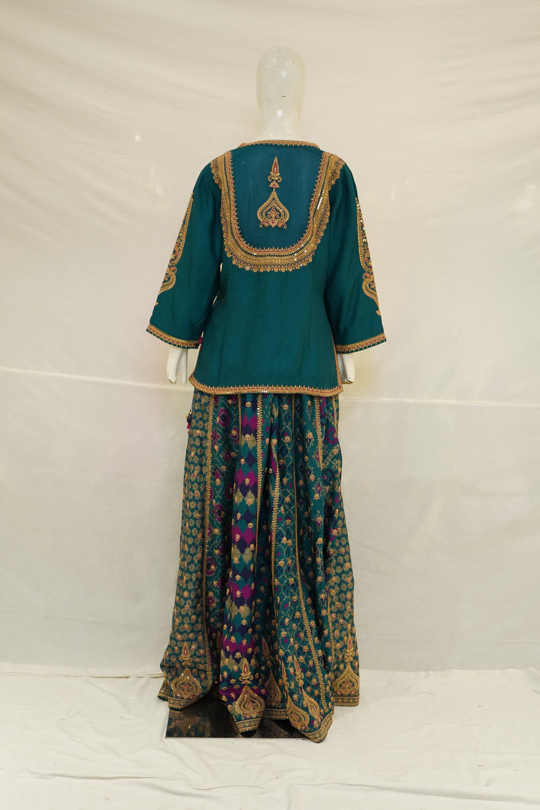Teal Blue Indo-Western Sharara Set with Embroidered Kurti & Organza Dupatta