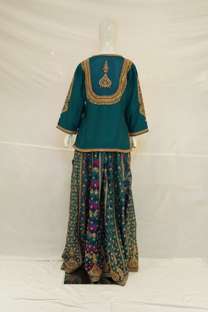 Teal Blue Indo-Western Sharara Set with Embroidered Kurti & Organza Dupatta