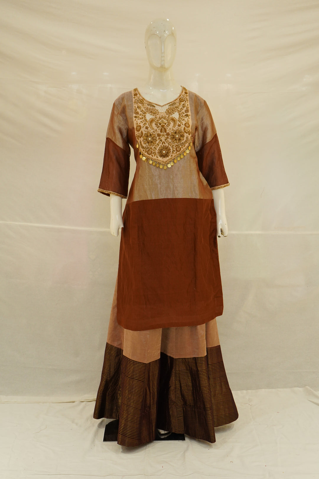 Rust Brown Colourblock Kurta with Striped Palazzo Set