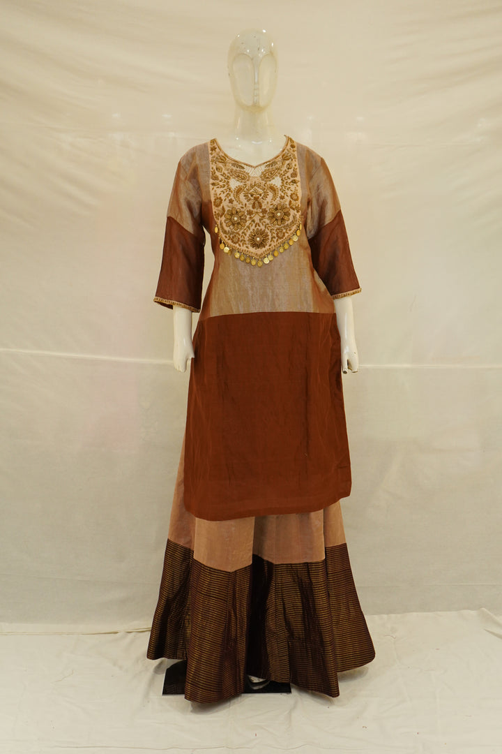 Rust Brown Colourblock Kurta with Striped Palazzo Set