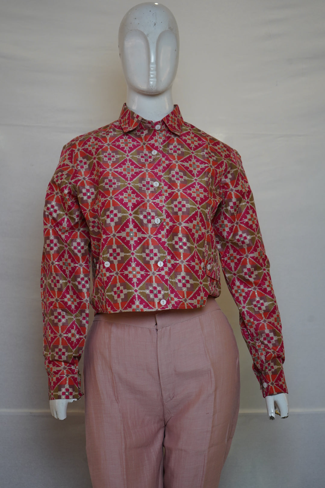 Pink Geometric Printed Crop Shirt Top