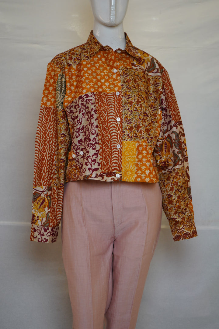 Mustard Patchwork Printed Crop Shirt Top