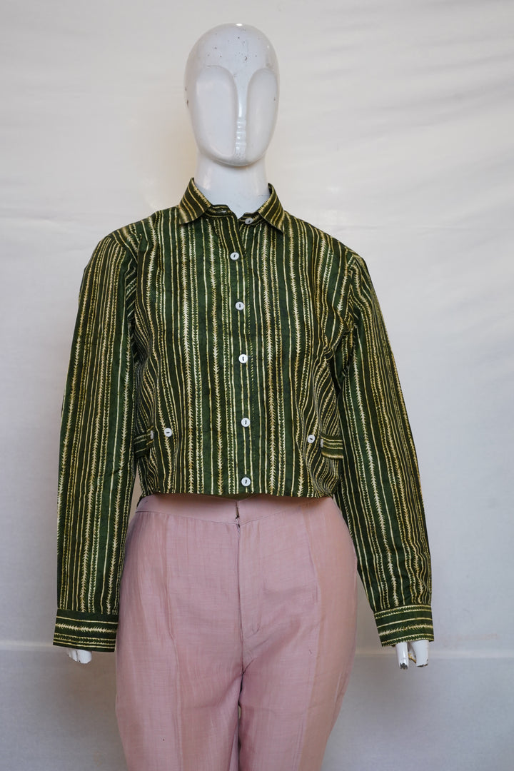 Olive Green Striped Crop Shirt Top