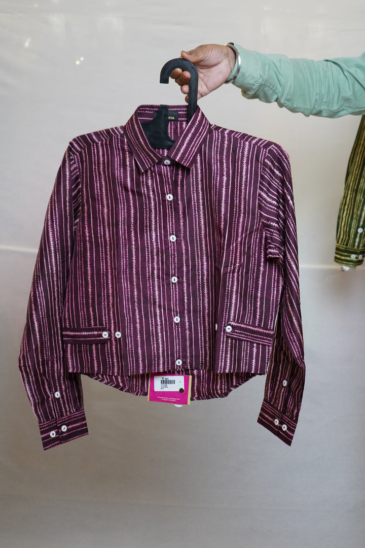 Wine Purple Striped Crop Shirt Top