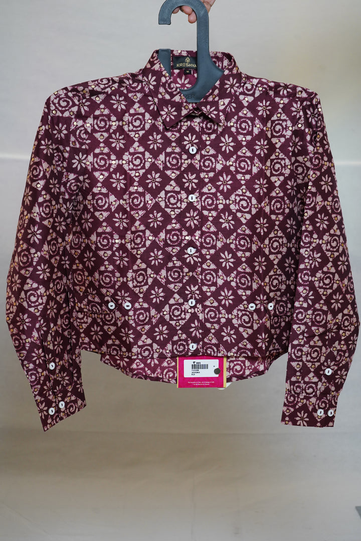 Wine Printed Crop Shirt Top