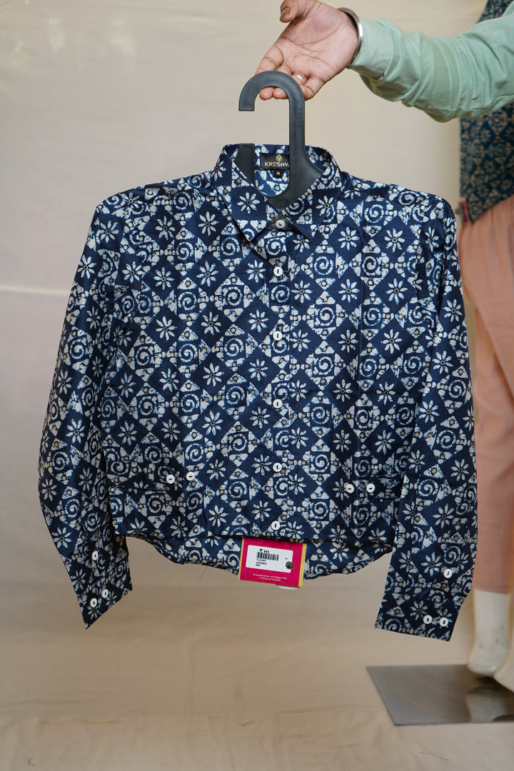 Navy Blue Ethnic Printed Crop Shirt Top