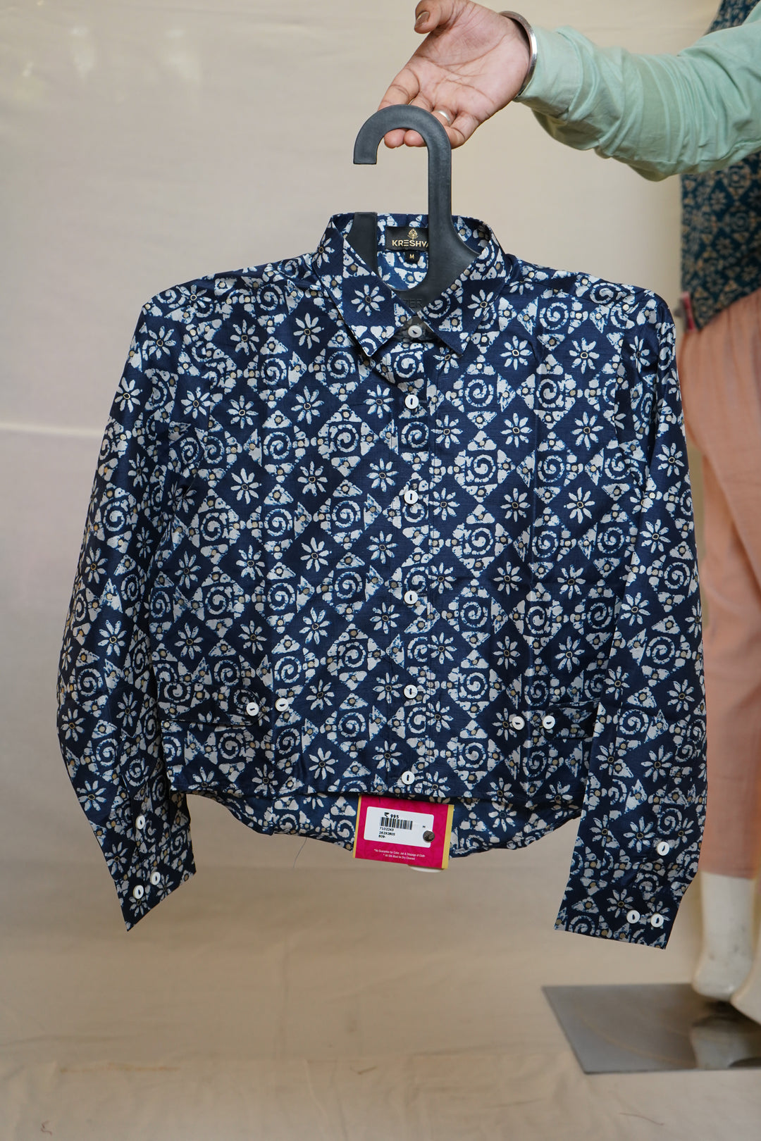 Navy Blue Geometric Printed Crop Shirt Top