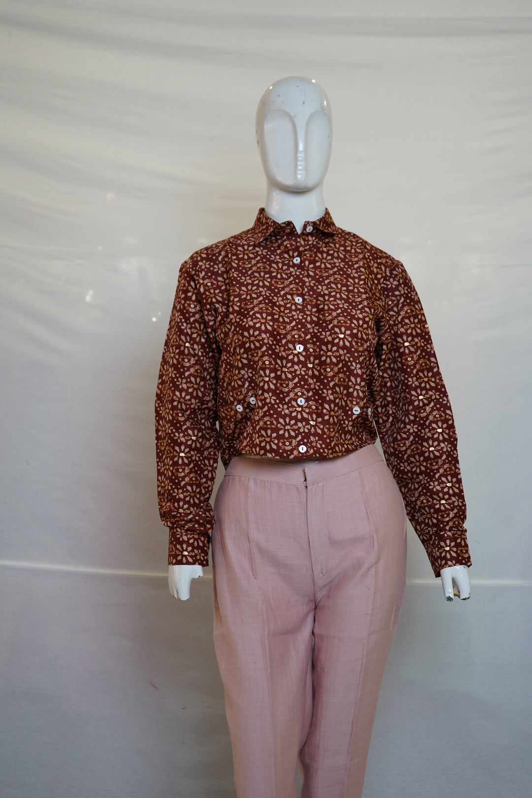 Brown Printed Crop Shirt Top