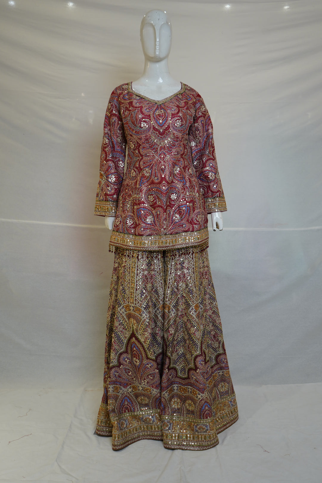 Wine Paisley Printed Kurta with Flared Palazzo Set