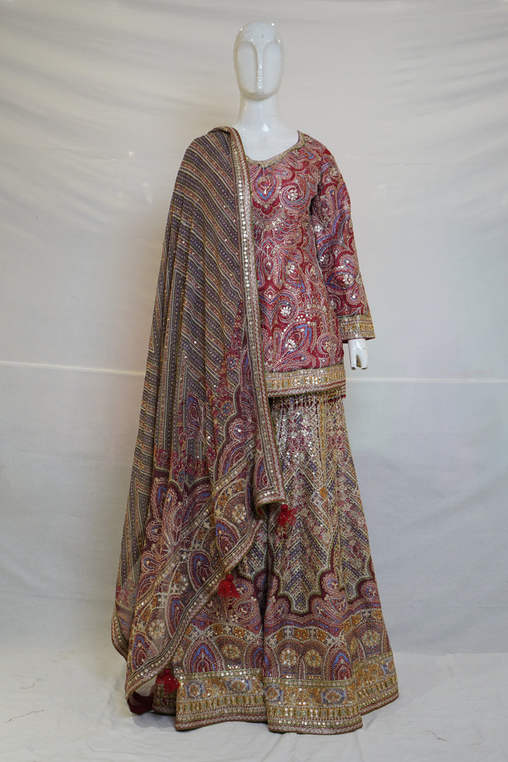 Wine Paisley Printed Kurta with Flared Palazzo Set