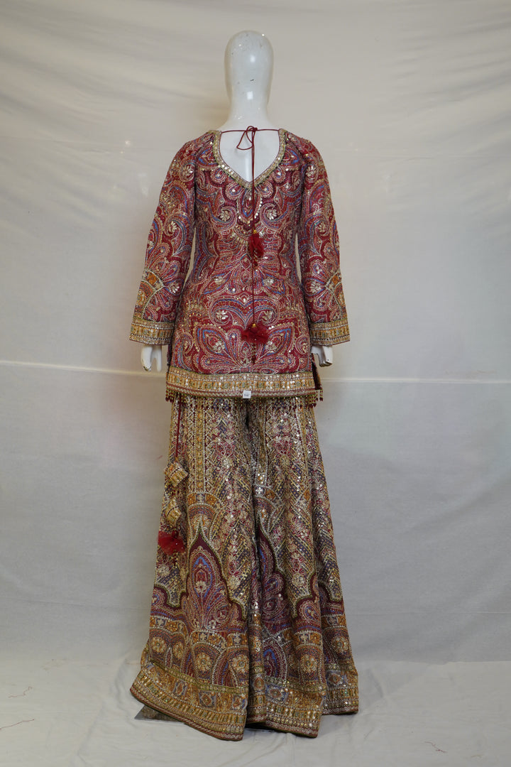 Wine Paisley Printed Kurta with Flared Palazzo Set