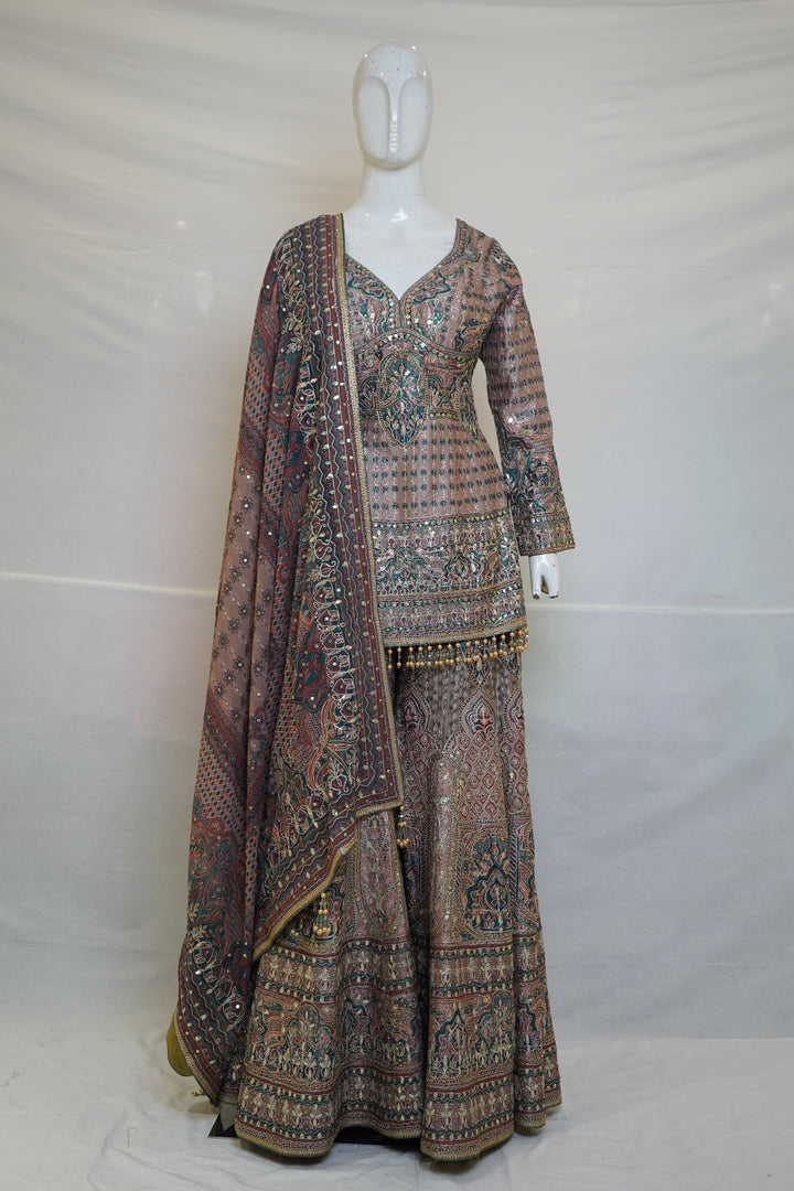 Dusty Mauve Heritage Printed Kurta with Flared Palazzo Set