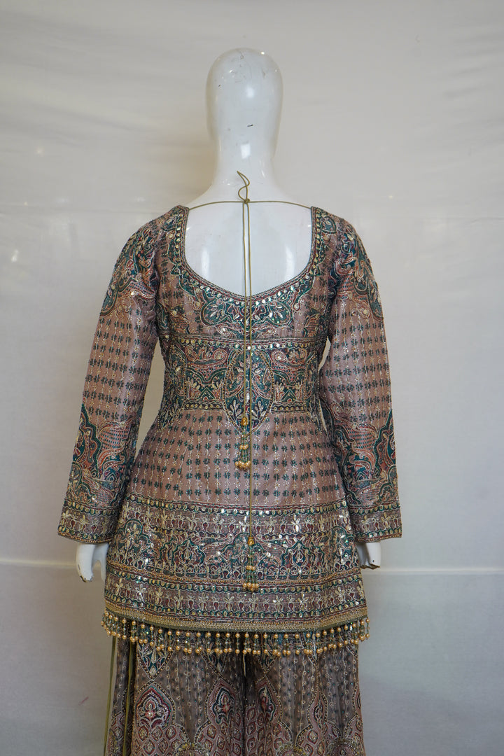 Dusty Mauve Heritage Printed Kurta with Flared Palazzo Set