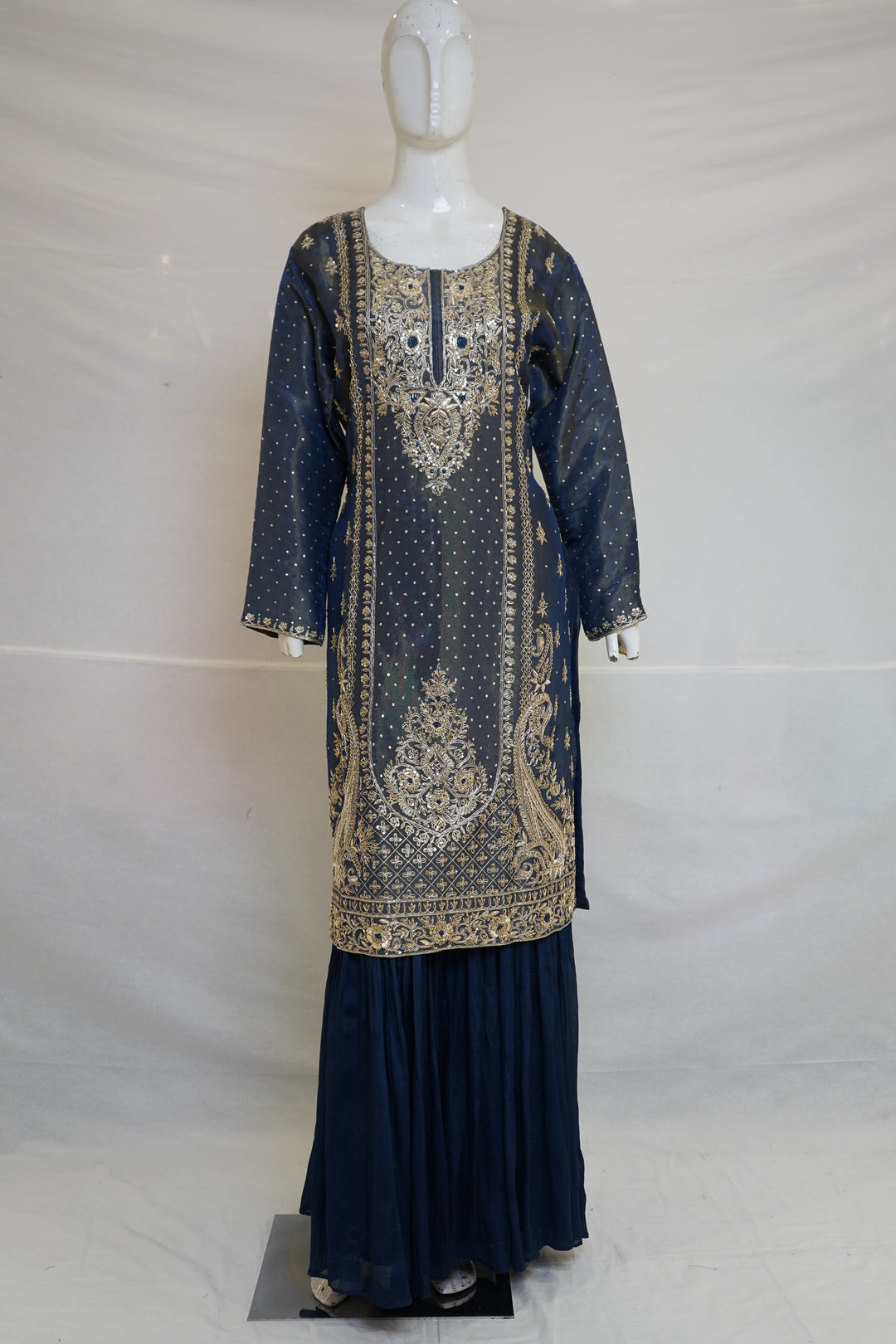 Navy Blue Heavy Embroidered Designer Kurta Sharara Set with Dupatta
