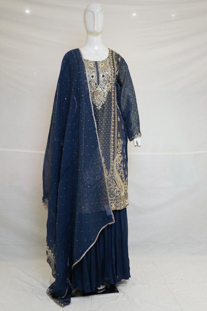 Navy Blue Heavy Embroidered Designer Kurta Sharara Set with Dupatta